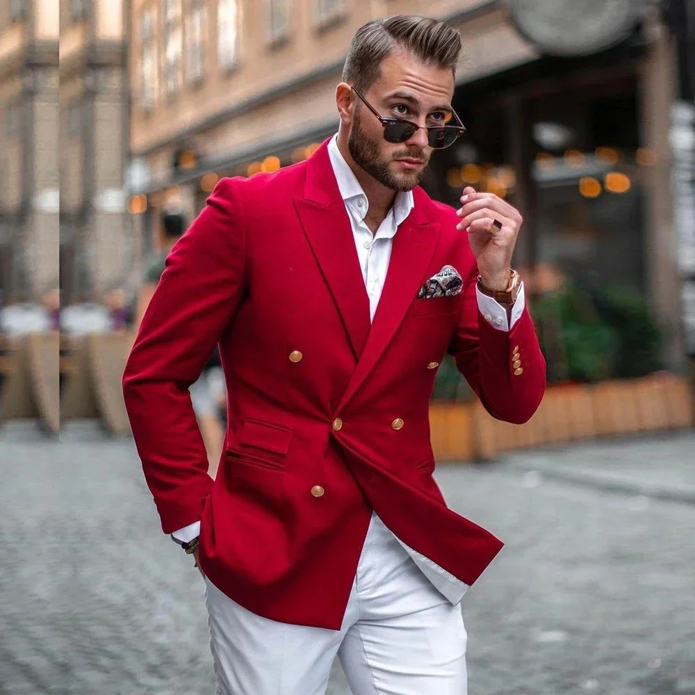 Street Fashion Jacket Men - Red Jacket White Pant Double Breasted
